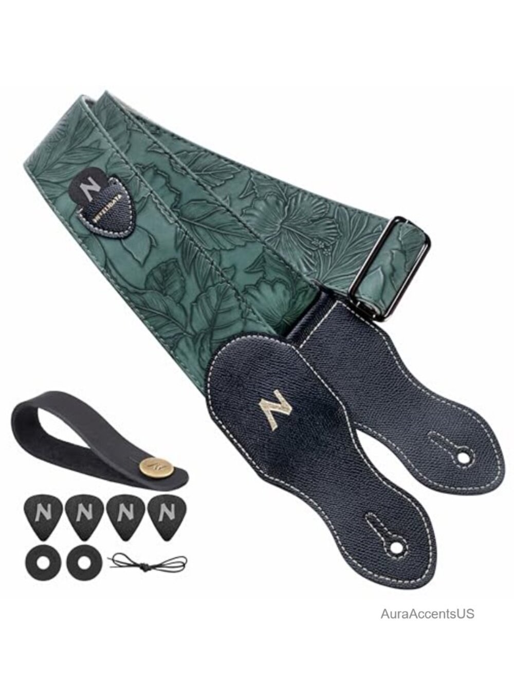 Vegan Leather Carving Guitar Strap Adjustable 42-66in with Pick Pocket
